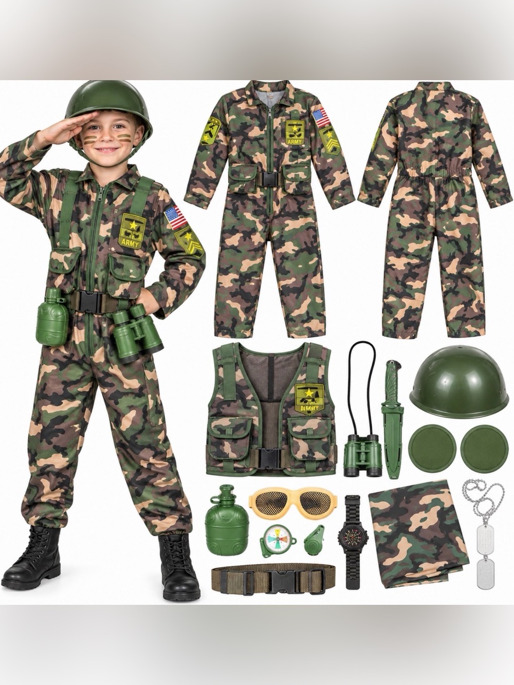 Kids Army Soldier Halloween Costume Size Medium – Camo Military Outfit + Accesso